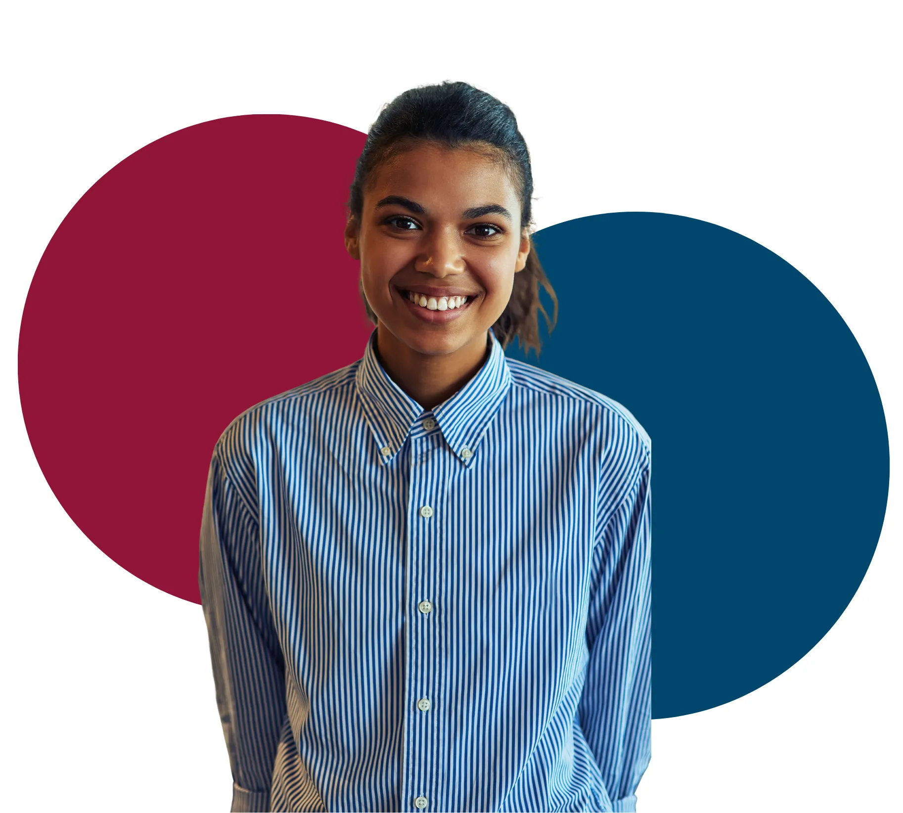 Smiling nonprofit staff member against crimson and steel-blue brand backdrop